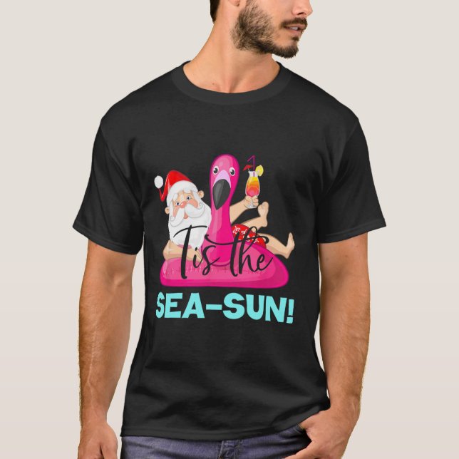 Santa Claus Flamingo Float Tis The Sea-sun Christm T-Shirt (Front)