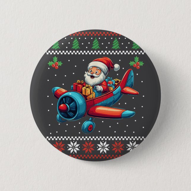 Santa Claus Flying Aeroplane Ugly Christmas Sweate 6 Cm Round Badge (Front)
