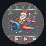 Santa Claus Flying Aeroplane Ugly Christmas Sweate Classic Round Sticker<br><div class="desc">Santa Claus Flying Aeroplane Ugly Christmas Sweater Xmas</div>