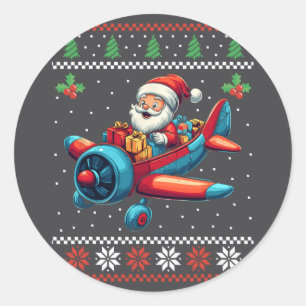 Santa Claus Flying Aeroplane Ugly Christmas Sweate Classic Round Sticker