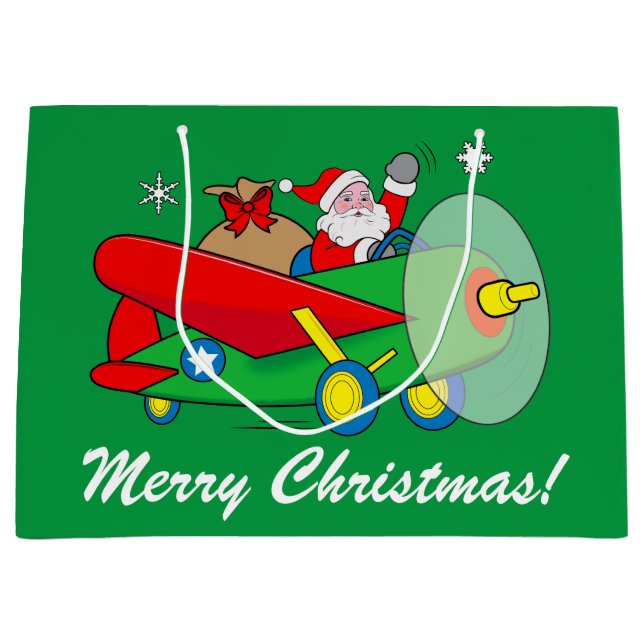 Santa Claus Flying an Aeroplane filled with Gifts  Large Gift Bag (Front)
