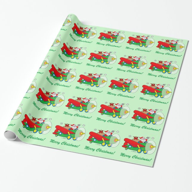 Santa Claus Flying an Aeroplane filled with Gifts Wrapping Paper (Unrolled)