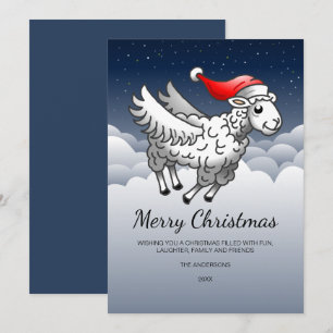 Santa Claus Flying Christmas Sheep Holiday Card