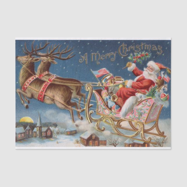 Santa Claus Flying Over a Town Pink Gold Sleigh Tissue Paper (Front)