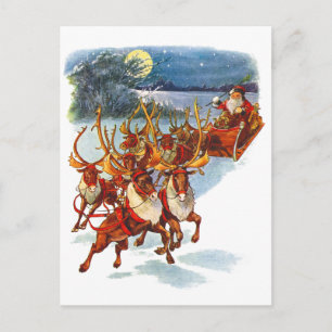 Santa Claus Flying With His Reindeer Guided Sleigh Holiday Postcard