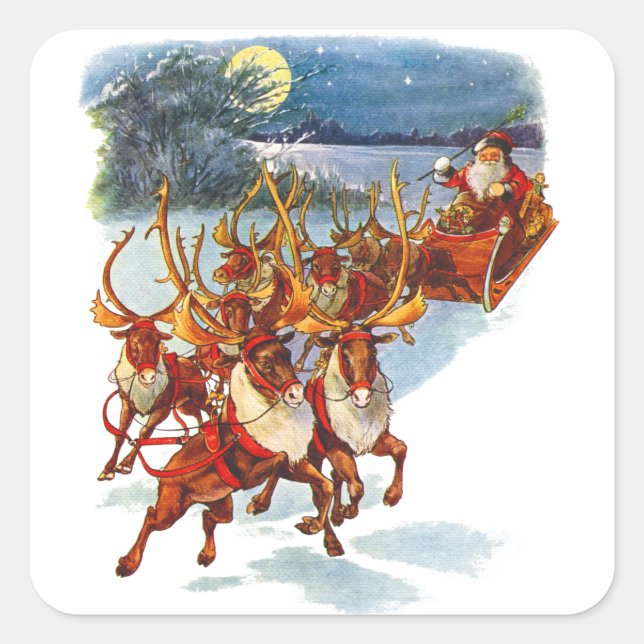 Santa Claus Flying With His Reindeer Guided Sleigh Square Sticker (Front)