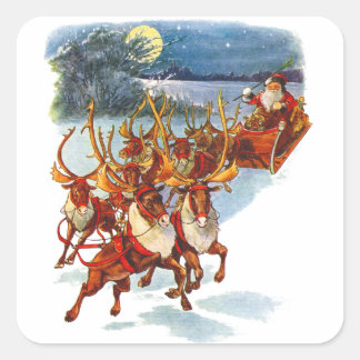 Santa Claus Flying With His Reindeer Guided Sleigh Square Sticker