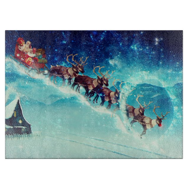 Santa Claus Flying with Reindeer Cutting Board (Front)