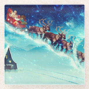 Santa Claus Flying with Reindeer Glass Coaster