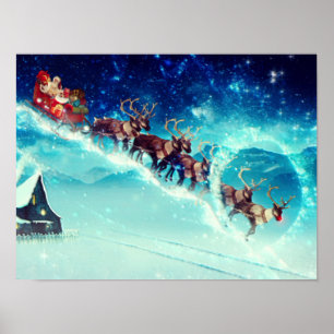 Santa Claus Flying with Reindeer Poster