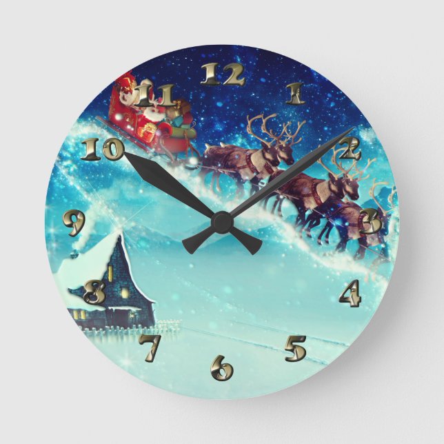 Santa Claus Flying with Reindeer Round Clock (Front)
