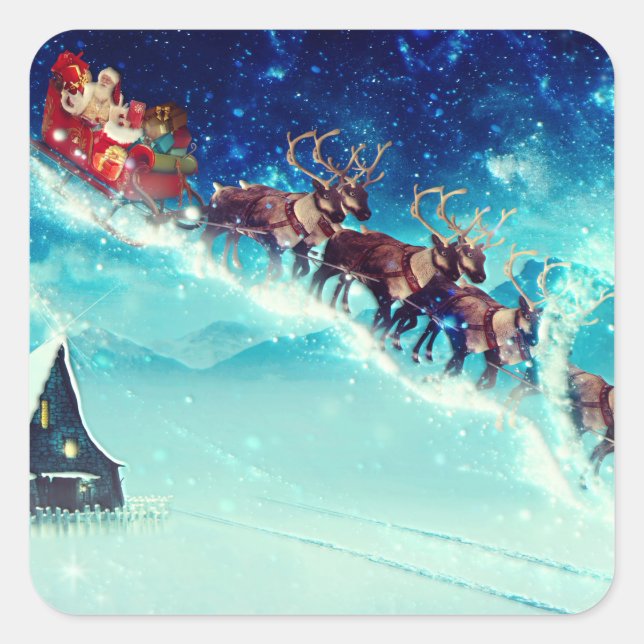 Santa Claus Flying with Reindeer Square Sticker (Front)