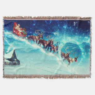 Santa Claus Flying with Reindeer Throw Blanket
