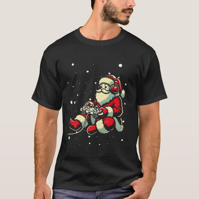 Santa Claus Gamer Controller Christmas Retro Video T-Shirt (Front)