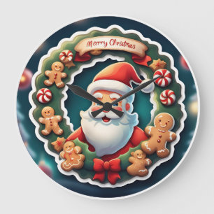 Santa Claus, Gingerbread Men and Candy Large Clock