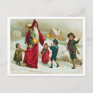 Santa Claus giving toys to good children, vintage Postcard
