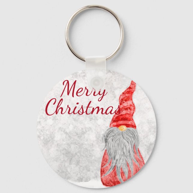 Santa Claus Gnome on Snowy Field  Key Ring (Front)