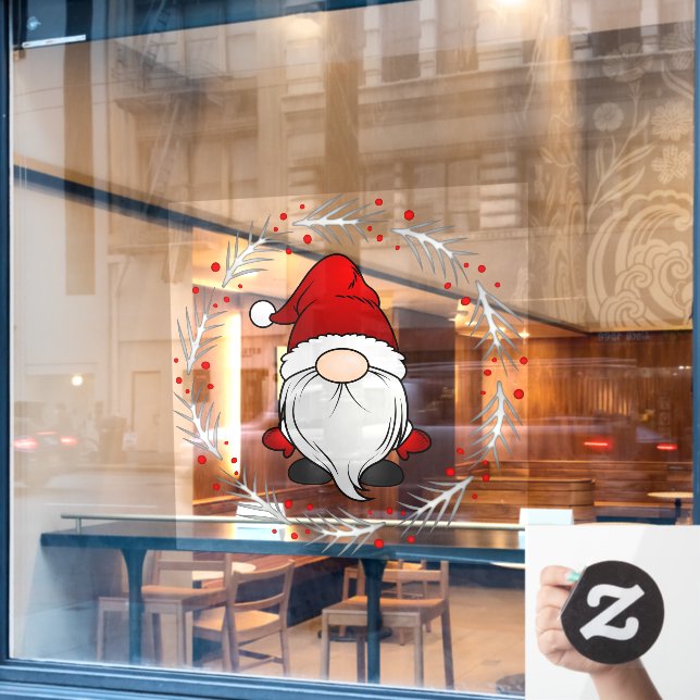 Santa Claus Gnome With Holly Wreath Business Window Cling (Cafe Window)