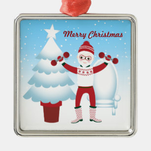 Santa Claus goes to the gym Metal Tree Decoration