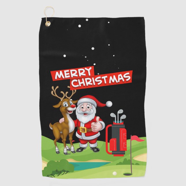  Santa Claus golfer Merry Christmas on green  Golf Towel (Front)