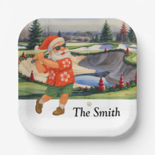 Santa Claus golfing in golf course Christmas party Paper Plate