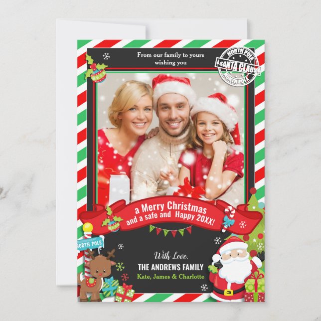 Santa Claus Green Red Photo Christmas Greetings Holiday Card (Front)