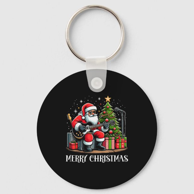 Santa Claus Guitarist Merry Christmas Funny Guitar Key Ring (Front)