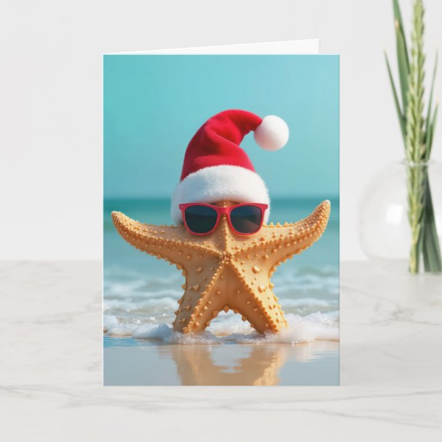 Santa Claus Hat On a Starfish Holiday Card (Front)