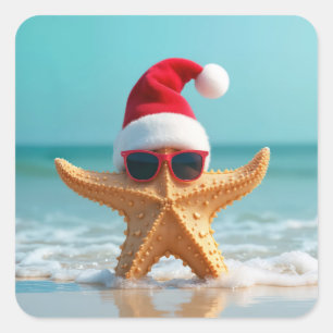 Santa Claus Hat On a Starfish Square Sticker