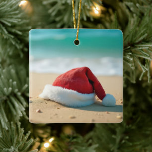 Santa Claus Hat On a Tropical Beach Ceramic Ornament