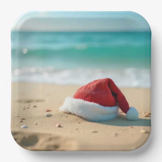 Santa Claus Hat On a Tropical Beach Paper Plate (Front)