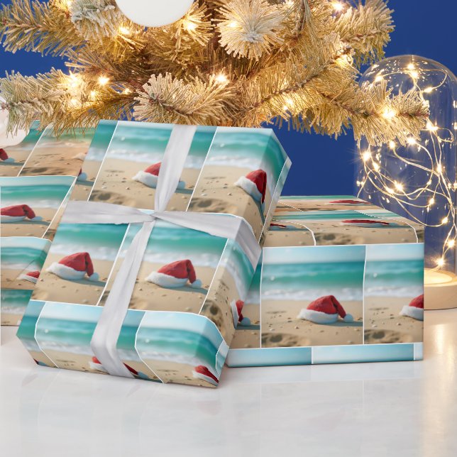 Santa Claus Hat On a Tropical Beach Wrapping Paper (Holidays)