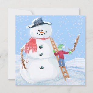 Santa Claus Helper Building A Silly Snowman Card