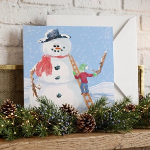 Santa Claus Helper Building A Silly Snowman Card