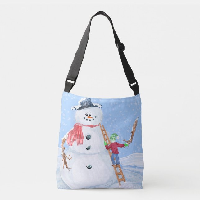 Santa Claus Helper Building A Silly Snowman Crossbody Bag (Front)