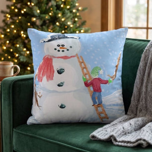 Santa Claus Helper Building A Silly Snowman Cushion