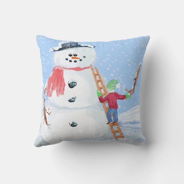 Santa Claus Helper Building A Silly Snowman Cushion (Back)
