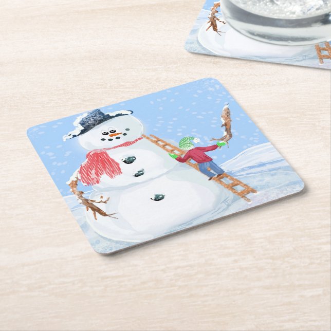 Santa Claus Helper Building A Silly Snowman  Square Paper Coaster (Angled)
