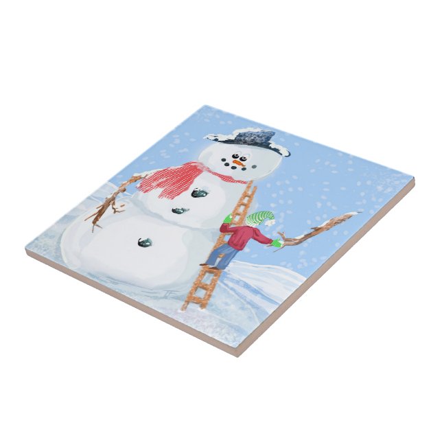 Santa Claus Helper Building A Silly Snowman Tile (Side)