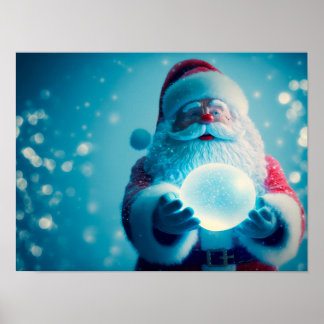 Santa Claus holding a Christmas ball on blue bokeh Poster