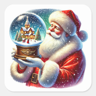 Santa Claus Holding a Festive Snow Globe in Winter Square Sticker
