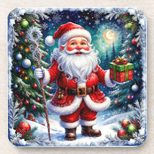 Santa Claus Holding a Gift in a Magical Christmas Coaster