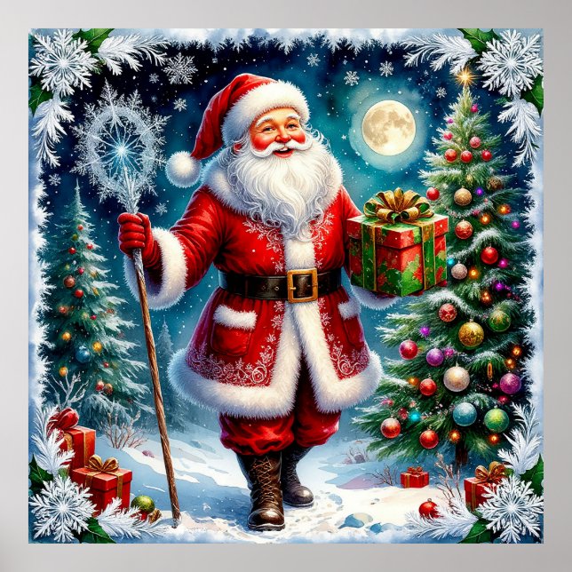 Santa Claus Holding a Gift in a Magical Christmas Poster (Front)
