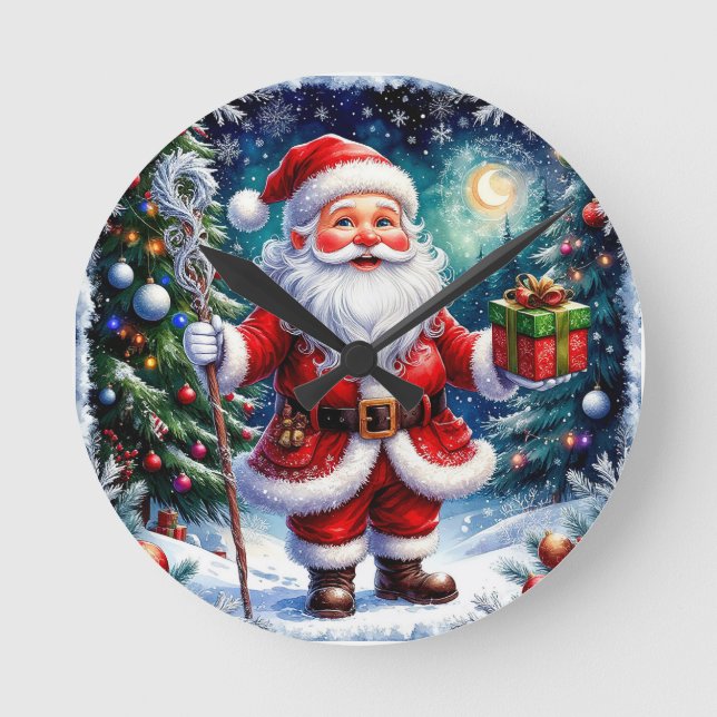 Santa Claus Holding a Gift in a Magical Christmas Round Clock (Front)