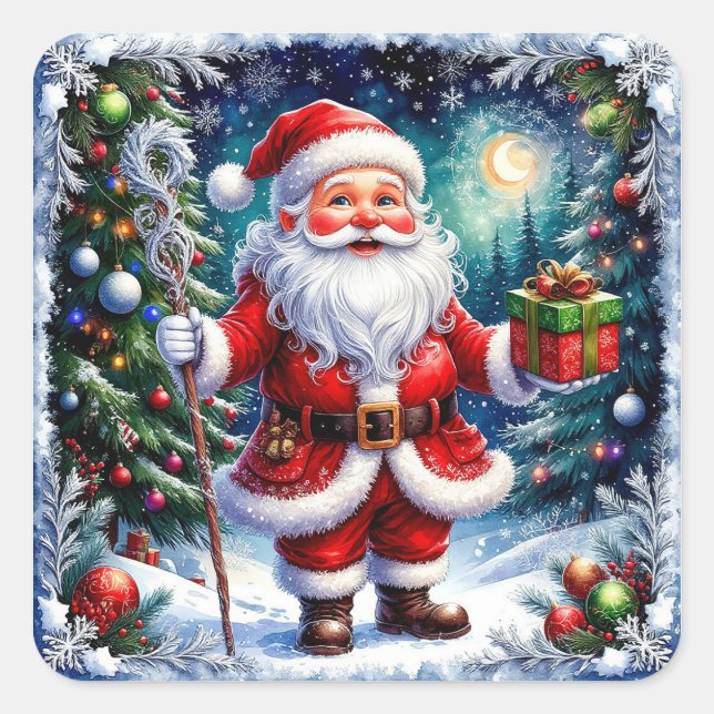 Santa Claus Holding a Gift in a Magical Christmas Square Sticker (Front)