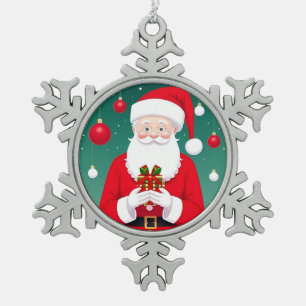 Santa Claus Holding A Gift Snowflake Pewter Christmas Ornament