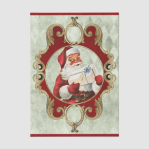 Santa Claus Holding a Present in a Vintage Frame Tissue Paper