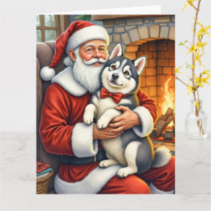 Santa Claus Holding Alaskan Malamute Christmas Art Card