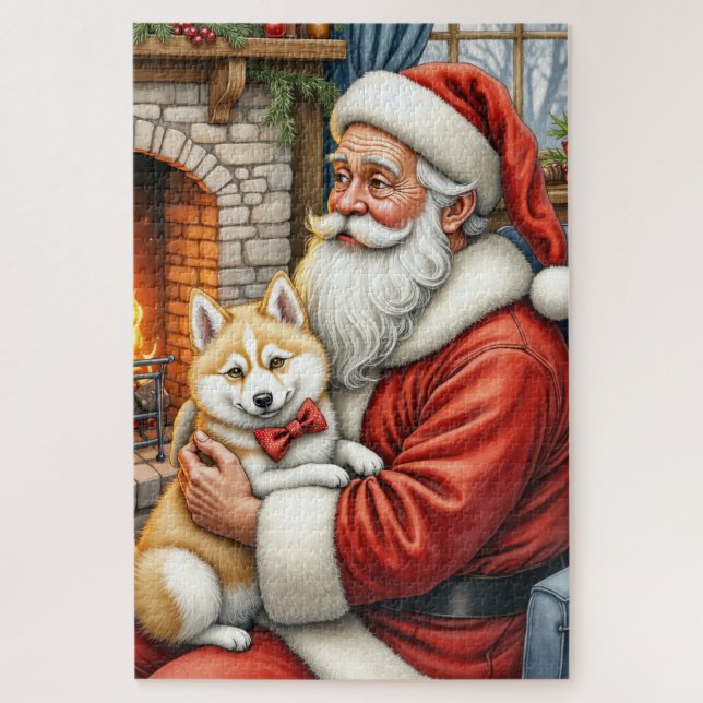 Santa Claus Holding American Eskimo Christmas Art Jigsaw Puzzle (Vertical)