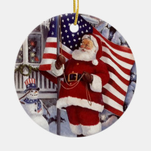 Santa Claus Holding American Flag Ceramic Tree Decoration